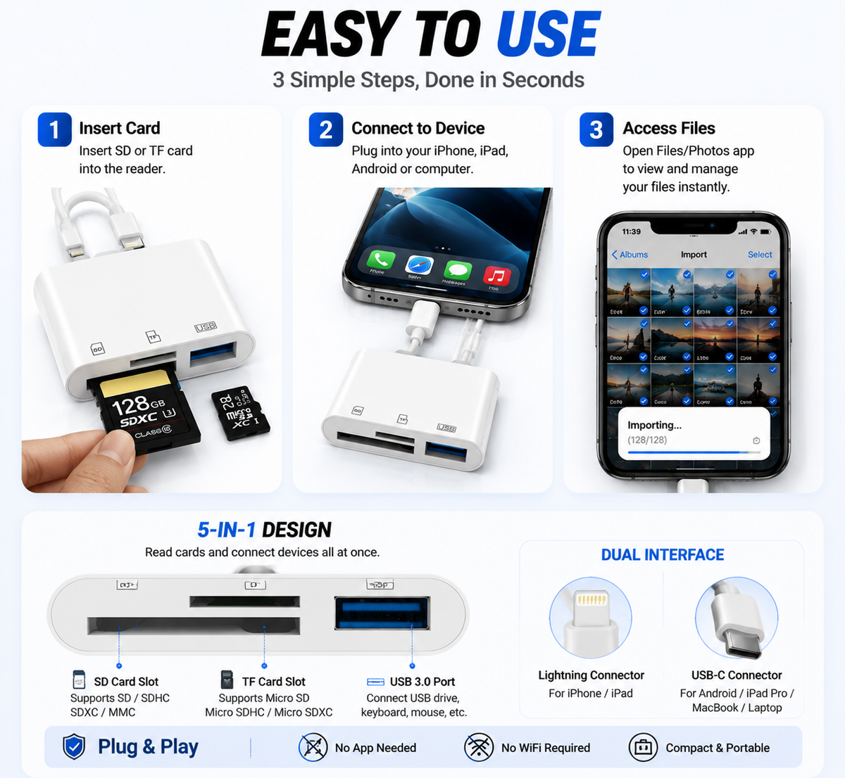 Hot💥Limited-time 50% discount🔌 5-in-1 SD Card Reader for iPhone & USB-C – Fast Photo & Video Transfer Adapter - image 7