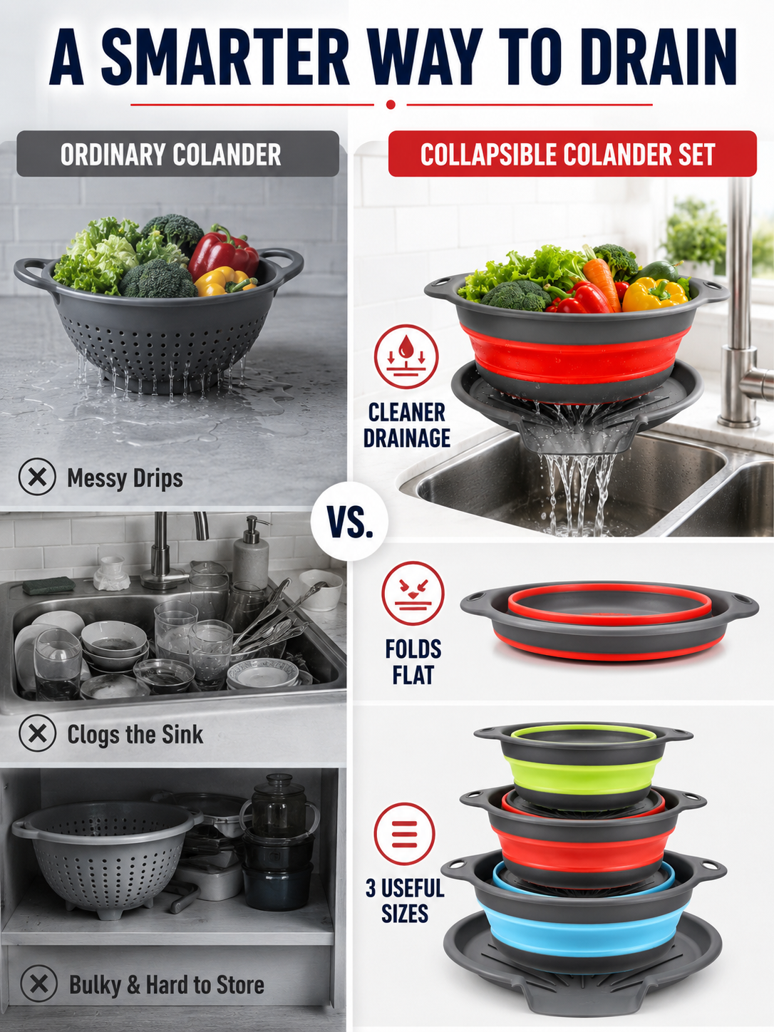 🥗💧Kitchen Colander Set ✨ Space-Saving Collapsible Strainers with Over-Sink Self-Draining Design for Easy Meal Prep - image 7