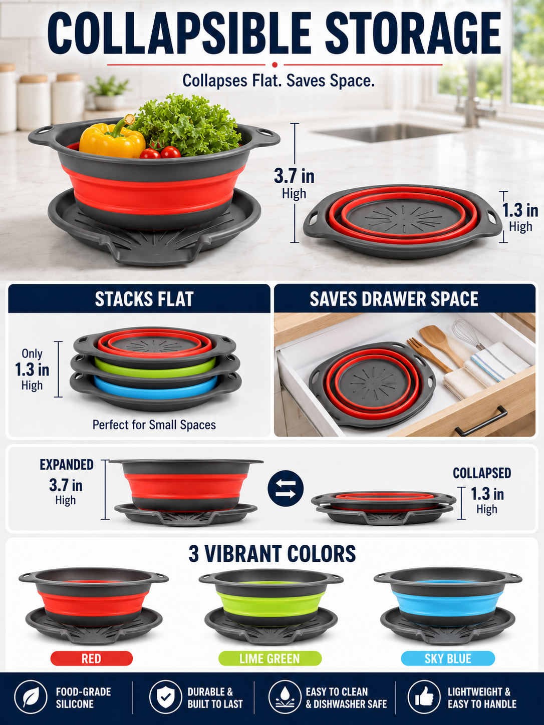 🥗💧Kitchen Colander Set ✨ Space-Saving Collapsible Strainers with Over-Sink Self-Draining Design for Easy Meal Prep - image 6
