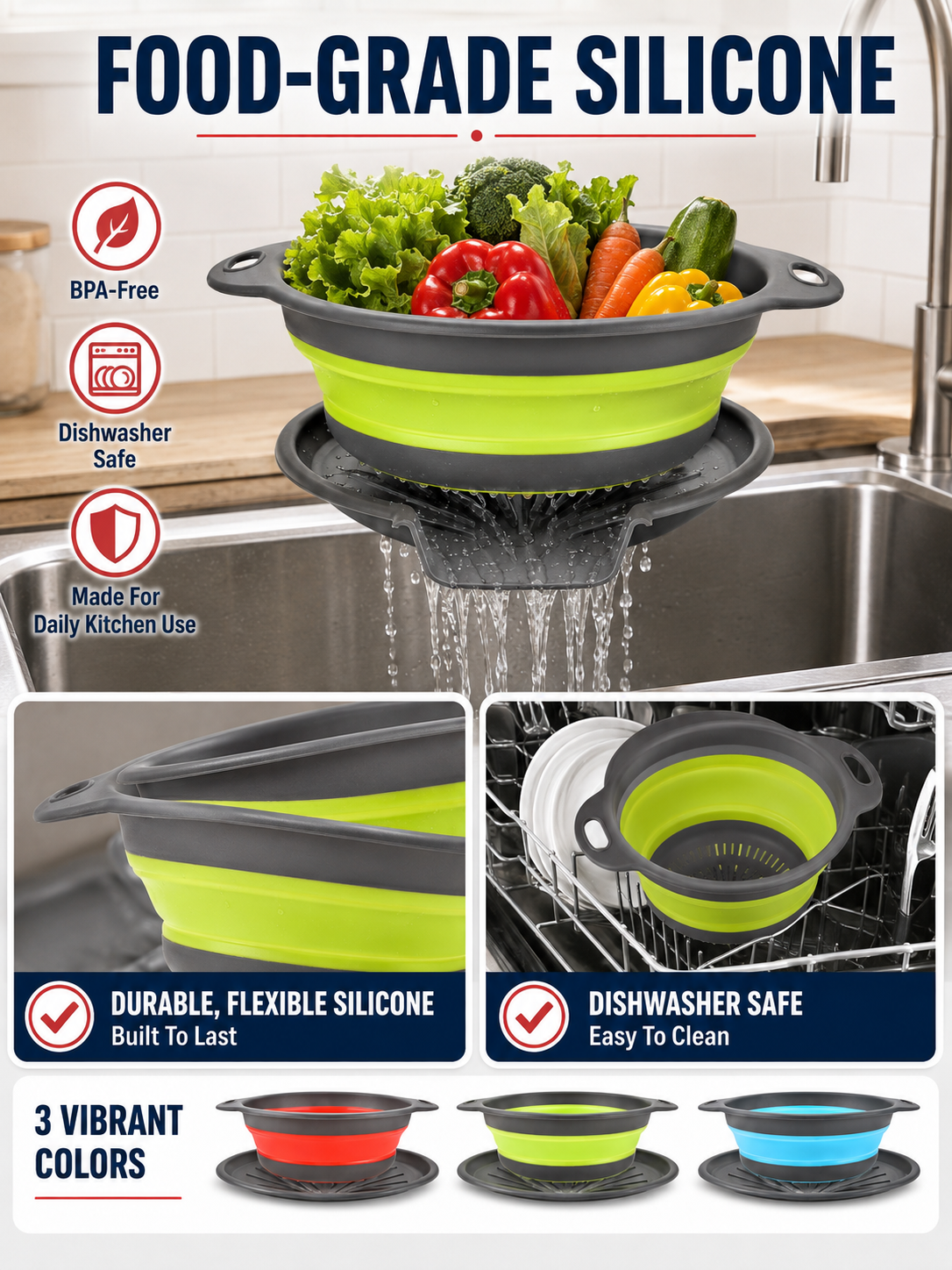 🥗💧Kitchen Colander Set ✨ Space-Saving Collapsible Strainers with Over-Sink Self-Draining Design for Easy Meal Prep - image 5