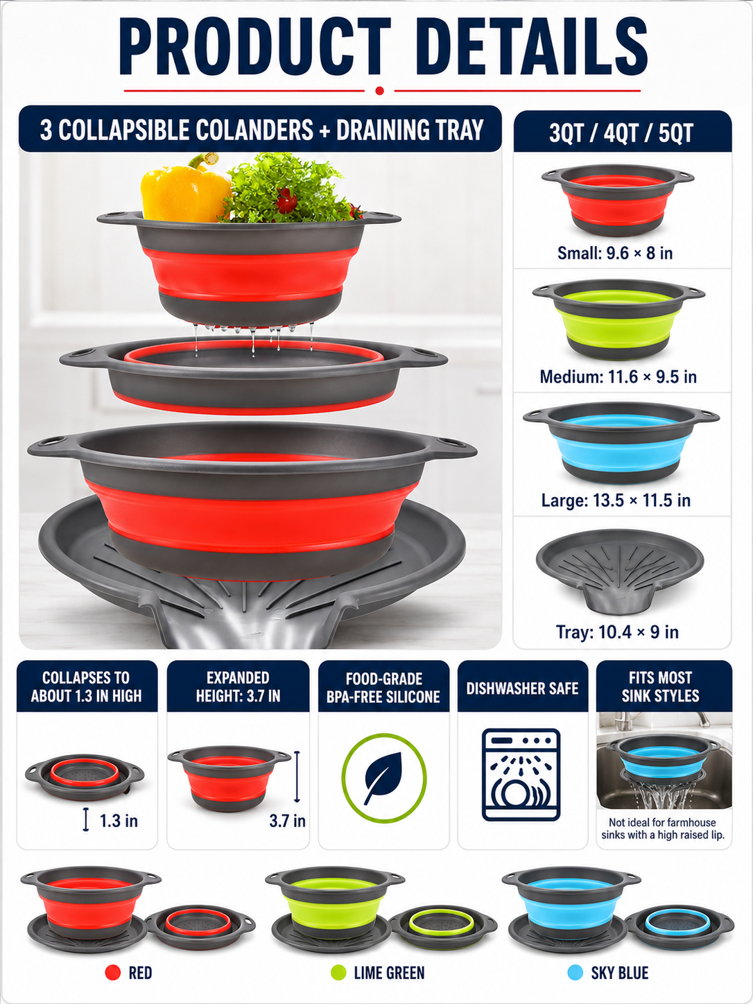 🥗💧Kitchen Colander Set ✨ Space-Saving Collapsible Strainers with Over-Sink Self-Draining Design for Easy Meal Prep - image 9