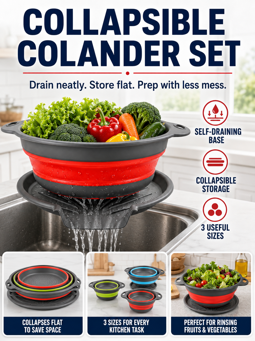 🥗💧Kitchen Colander Set ✨ Space-Saving Collapsible Strainers with Over-Sink Self-Draining Design for Easy Meal Prep - image 1