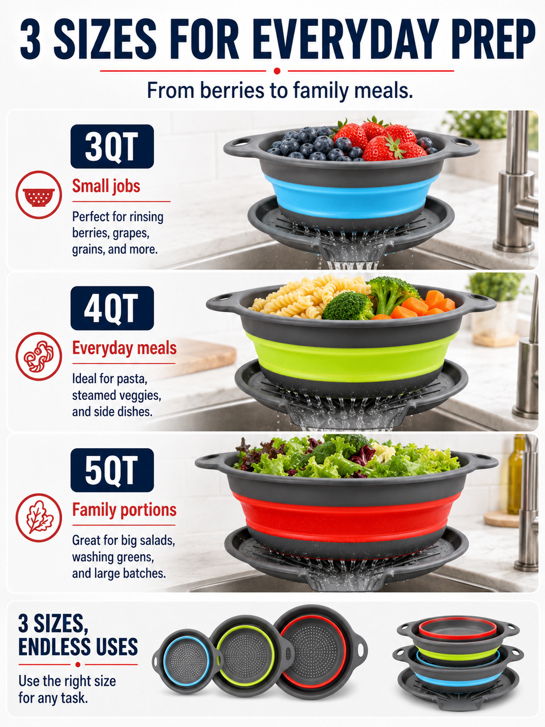 🥗💧Kitchen Colander Set ✨ Space-Saving Collapsible Strainers with Over-Sink Self-Draining Design for Easy Meal Prep - image 4