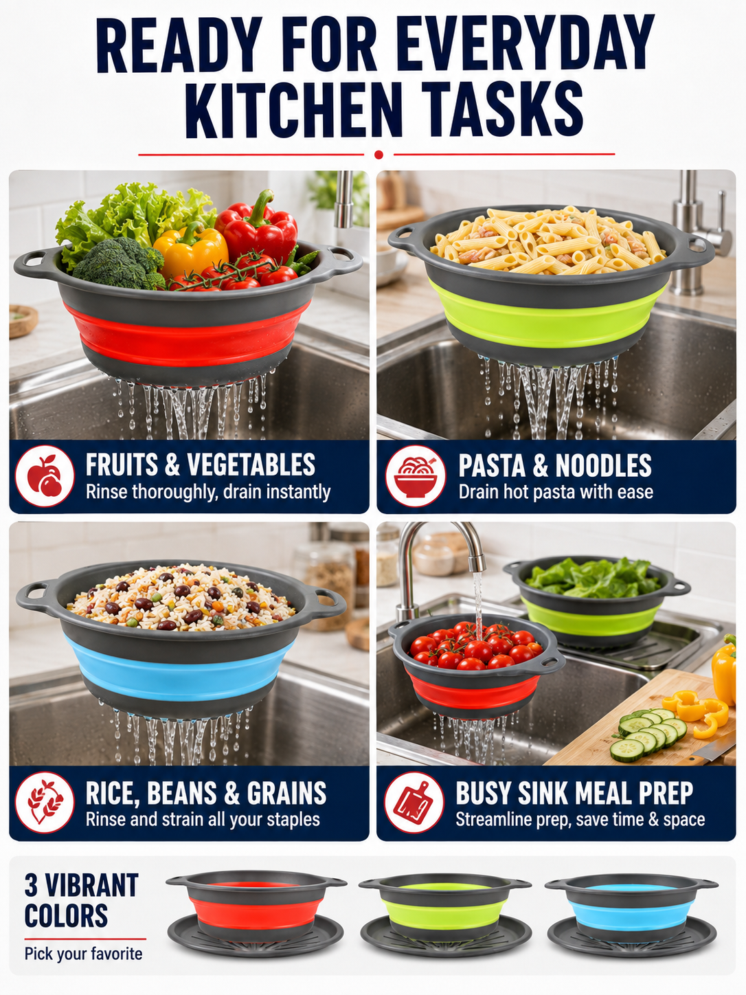 🥗💧Kitchen Colander Set ✨ Space-Saving Collapsible Strainers with Over-Sink Self-Draining Design for Easy Meal Prep - image 3