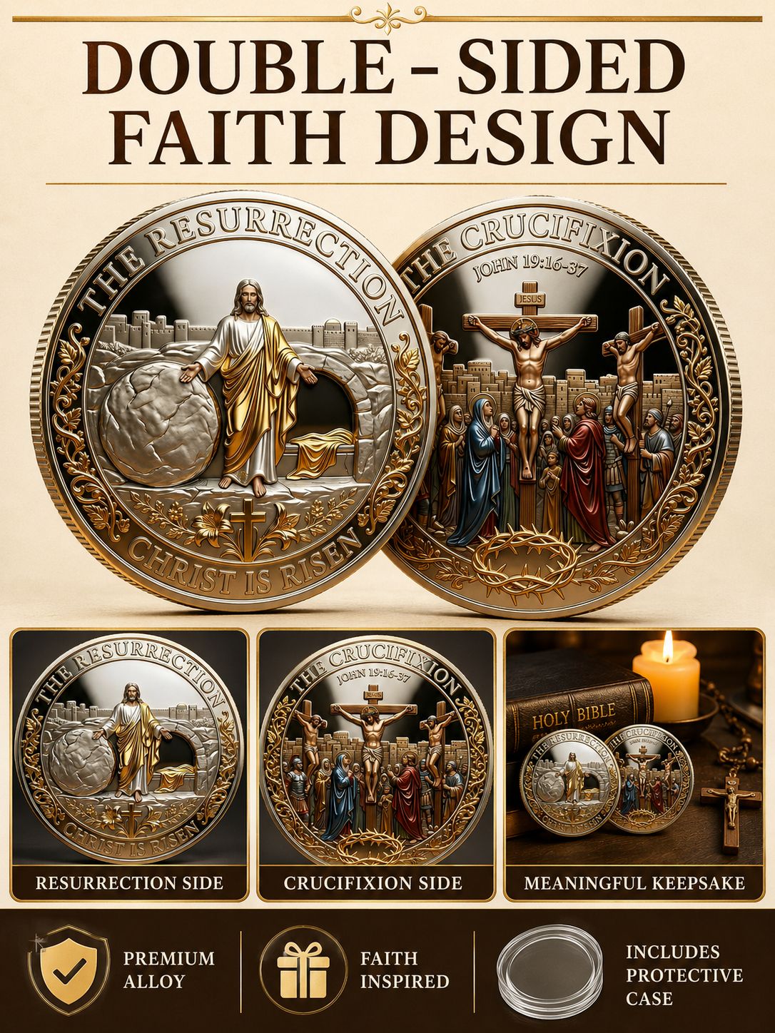 ✝️ Easter Memorial Coin  🙏🌸 Cross Design Religious Alloy Keepsake Collectible Decorative Gift for Home Church & Family - image 2