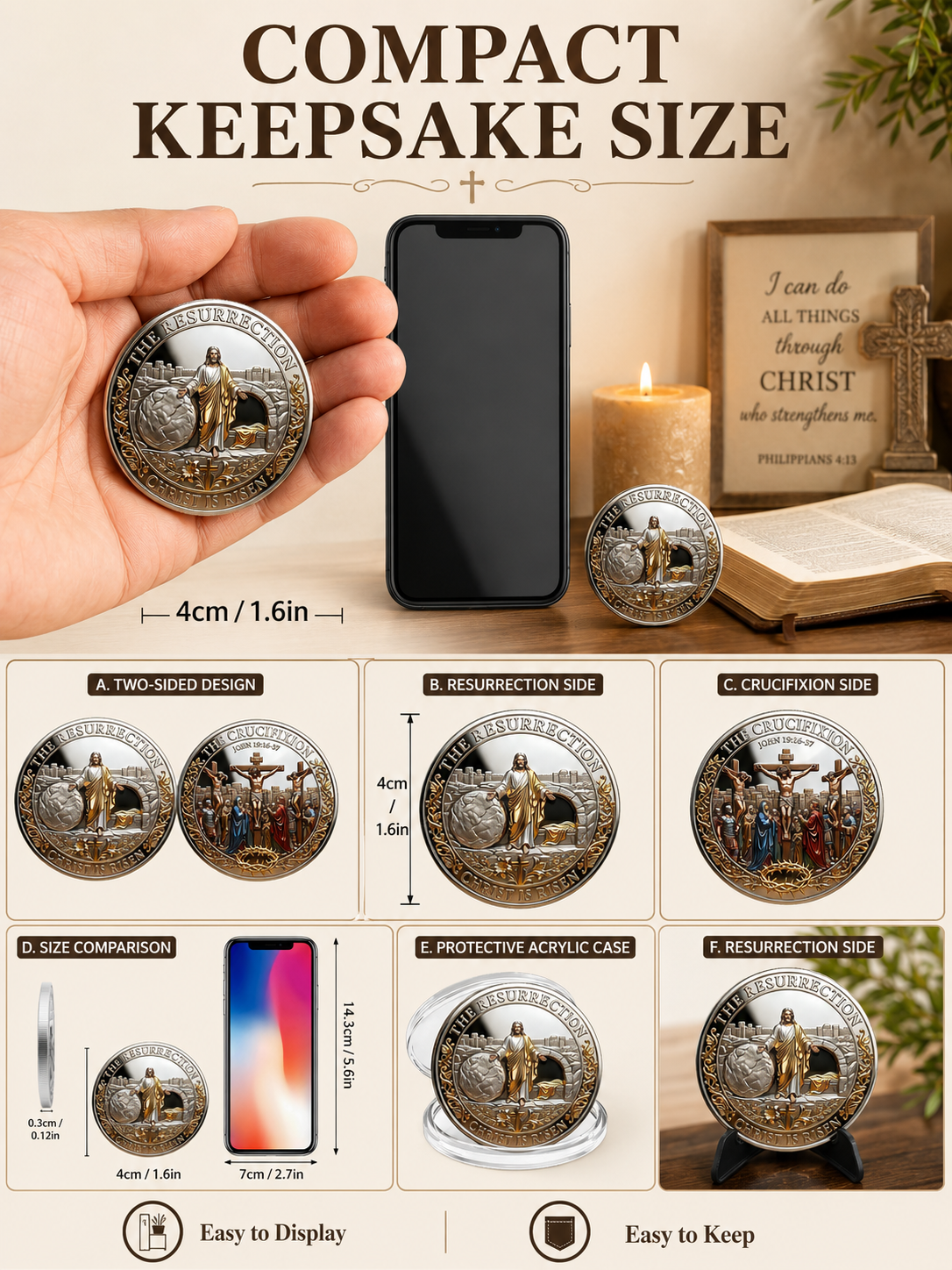 ✝️ Easter Memorial Coin  🙏🌸 Cross Design Religious Alloy Keepsake Collectible Decorative Gift for Home Church & Family - image 4