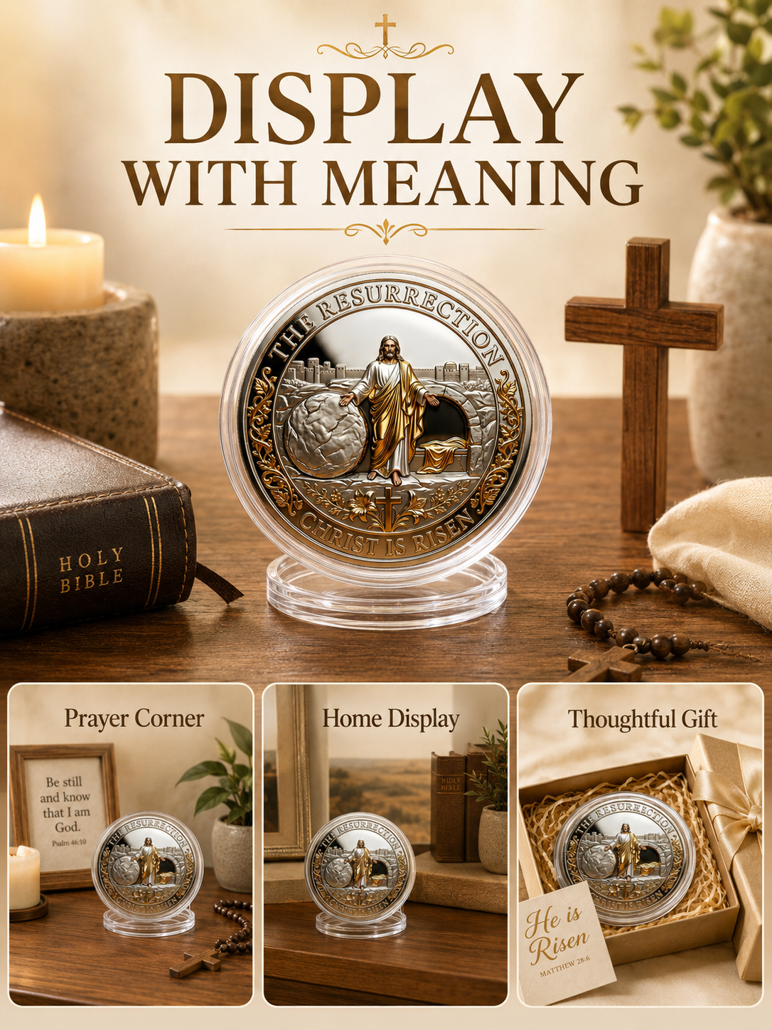 ✝️ Easter Memorial Coin  🙏🌸 Cross Design Religious Alloy Keepsake Collectible Decorative Gift for Home Church & Family - image 3