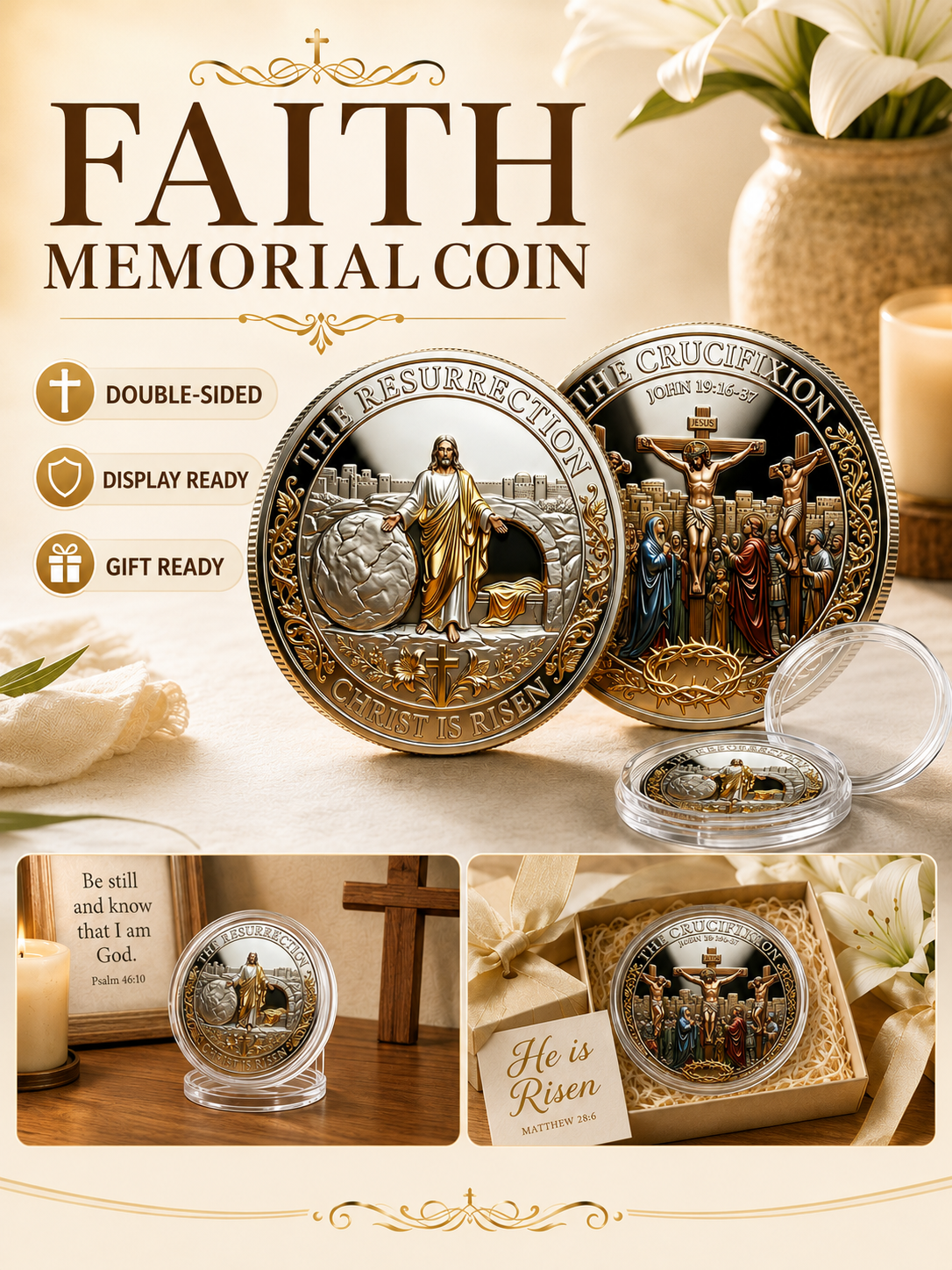✝️ Easter Memorial Coin  🙏🌸 Cross Design Religious Alloy Keepsake Collectible Decorative Gift for Home Church & Family - image 1