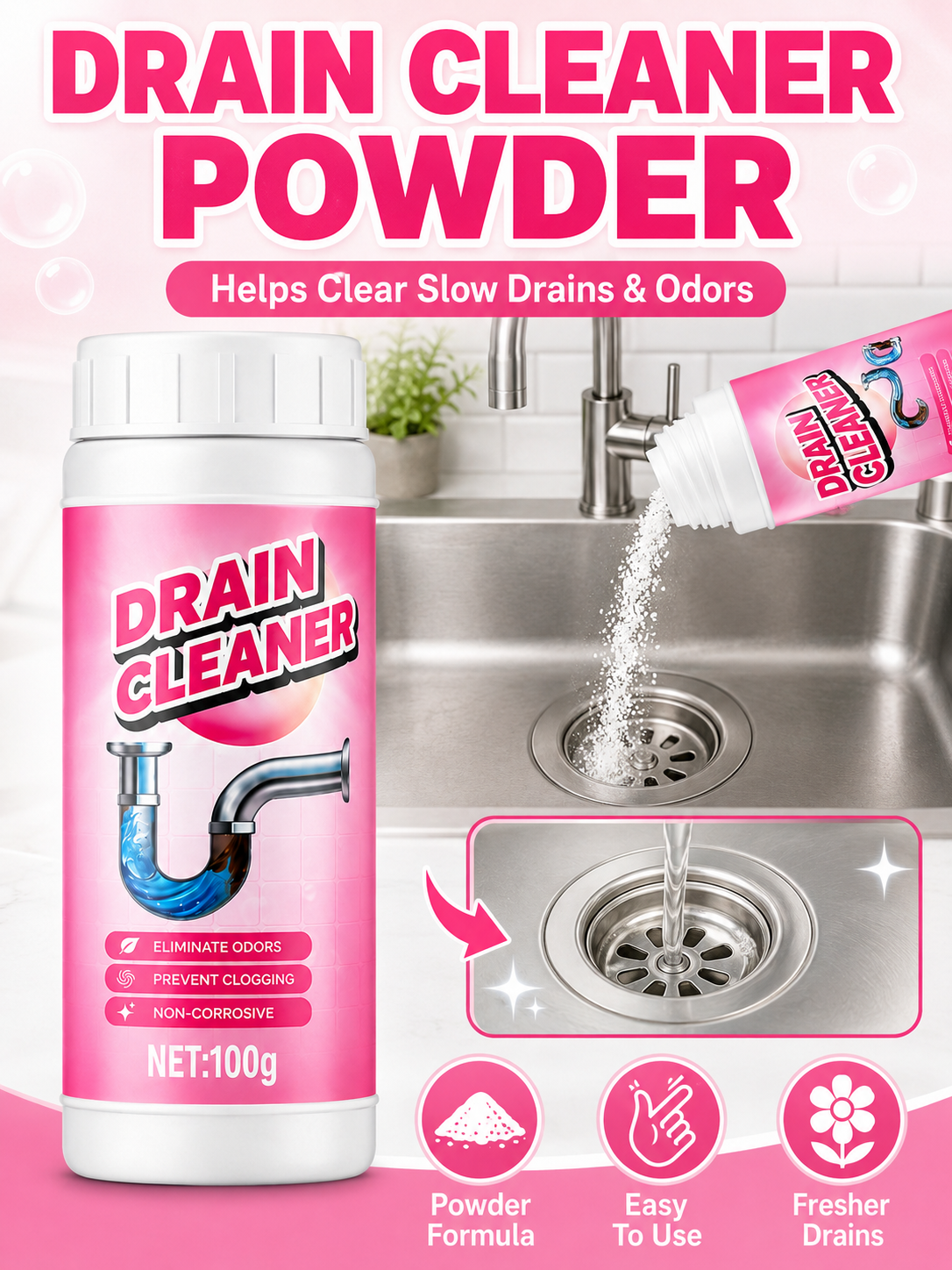 🚿💧 Powerful Drain Cleaner 🫧 Fast Acting Foaming Clog Remover & Deodorizer for Kitchen Sinks Pipes & Household Drains - image 1