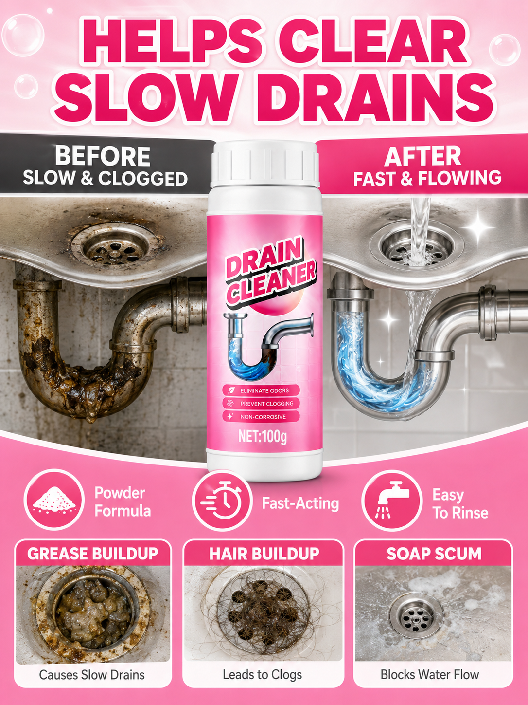 🚿💧 Powerful Drain Cleaner 🫧 Fast Acting Foaming Clog Remover & Deodorizer for Kitchen Sinks Pipes & Household Drains - image 2
