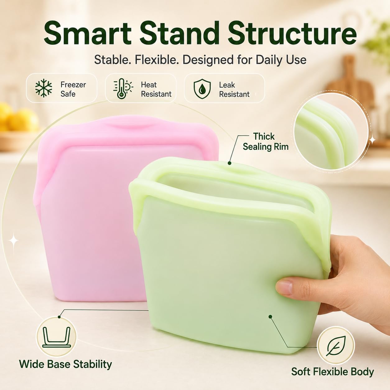 🛍️ 5 Pack Stand Up Silicone Food Storage Bags Leakproof - image 1