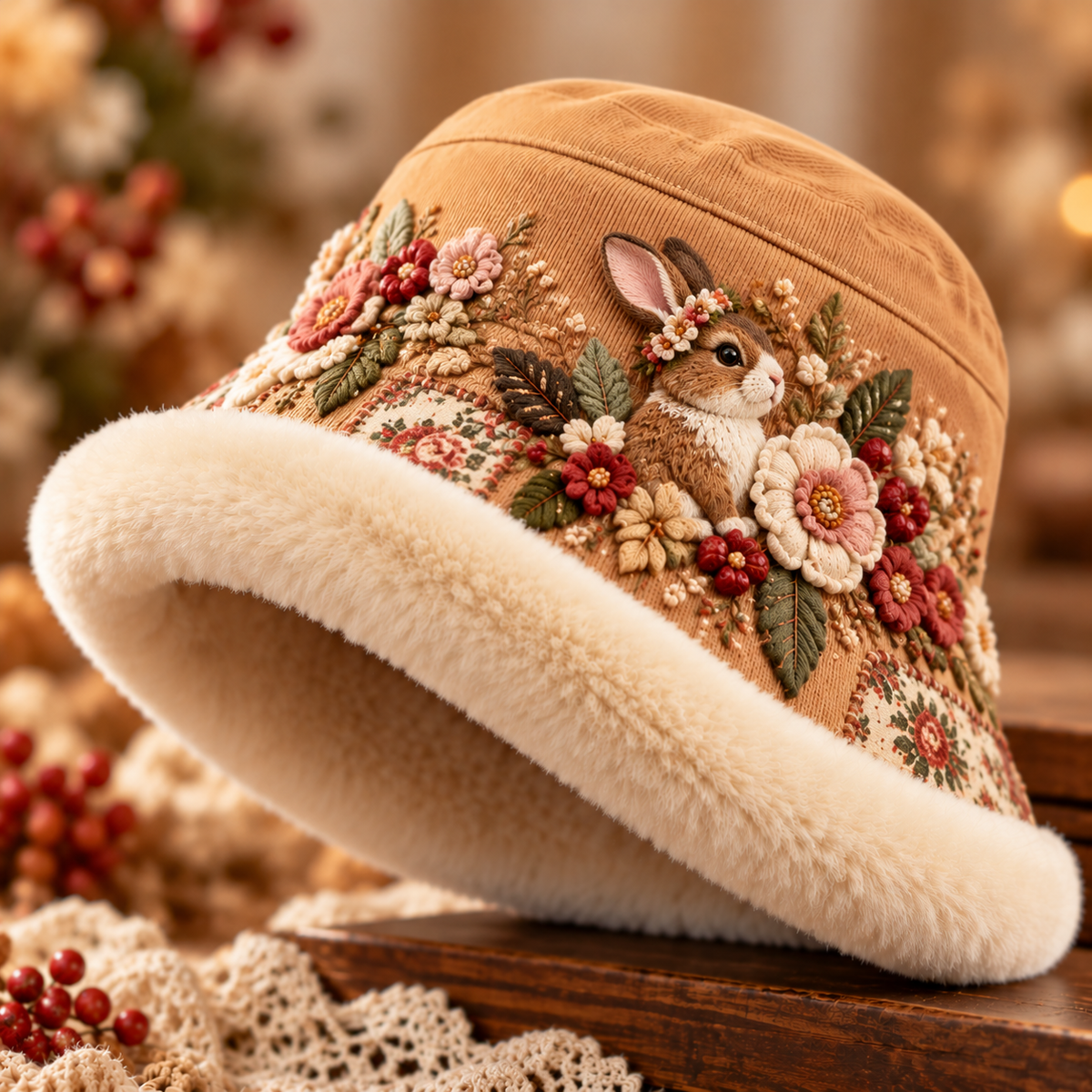 Bunny floral plush winter bucket hat