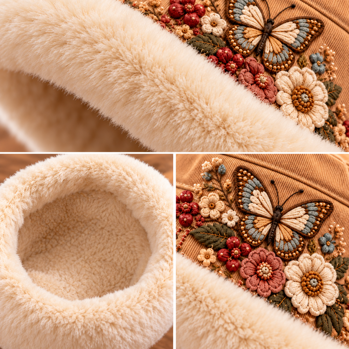 Winter bucket hat plush trim and dimensional floral details