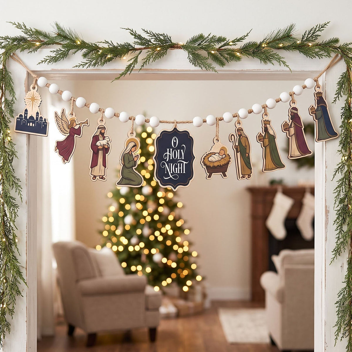 Nativity Scene Christmas Wooden Garland
