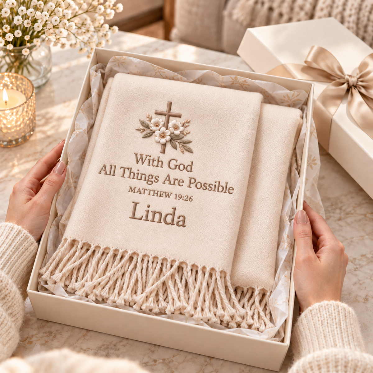 🤍 Wrapped in Faith — Personalized Name & Bible Verse Winter Scarf