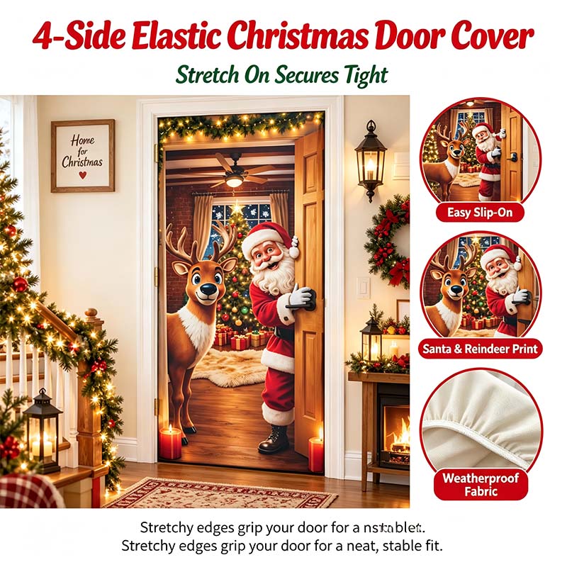 Christmas Door Cover - Stretch Fit Santa & Reindeer Door Decoration with 4-Side Elastic Edges🎅 - image 2