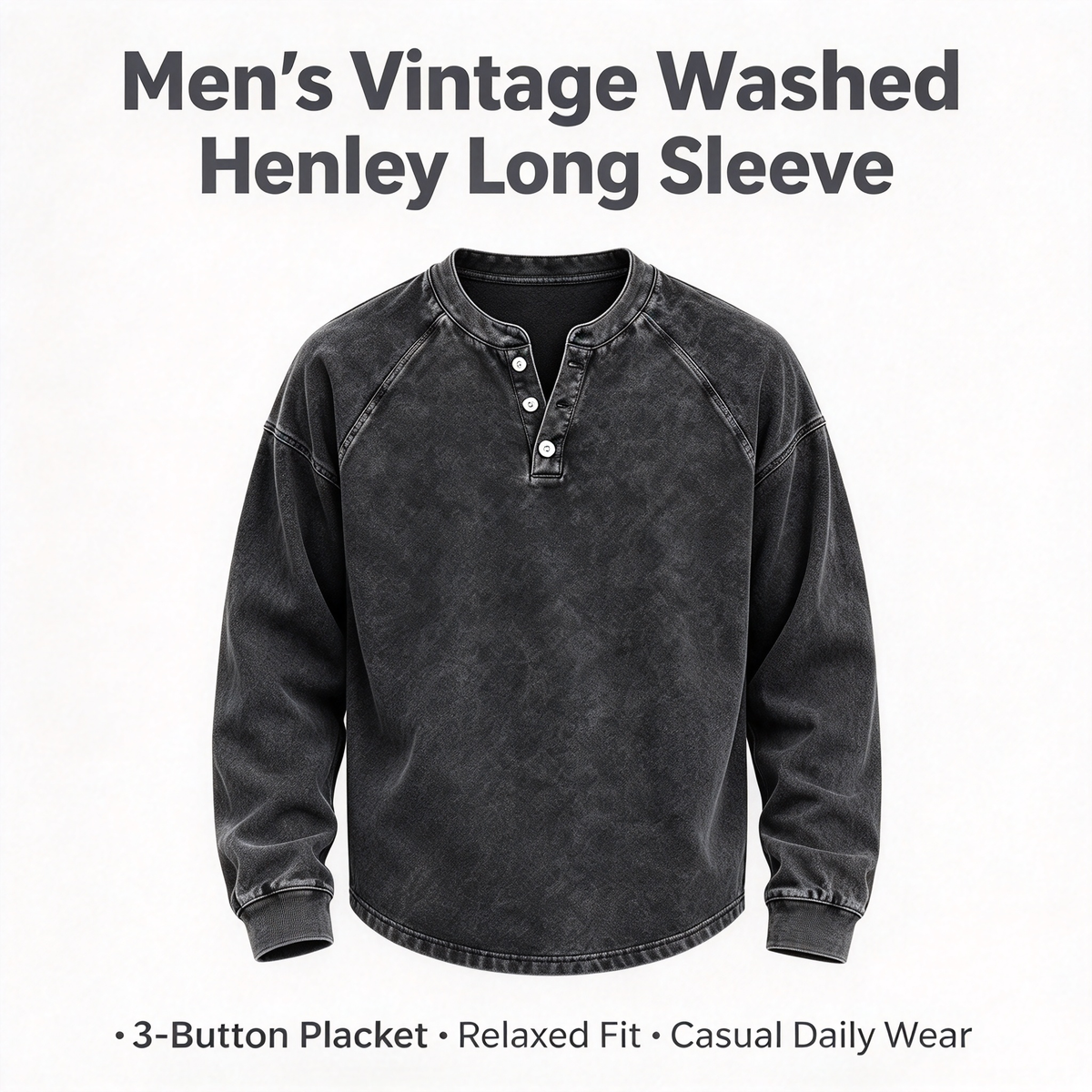Men's Vintage Washed 3-Button Henley Long Sleeve Plain Pullover 🧥