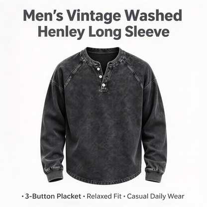 Men's Vintage Washed 3-Button Henley Long Sleeve Plain Pullover 🧥