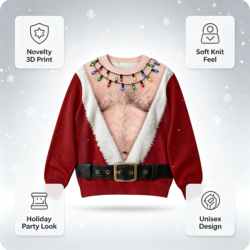 Funny Hairy Chest Santa Lights Ugly Christmas Sweater🎅 - image 11