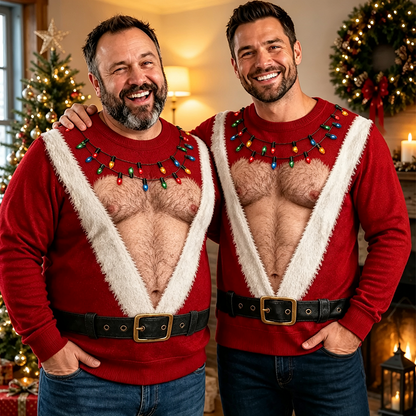 Funny Hairy Chest Santa Lights Ugly Christmas Sweater🎅 - image 4