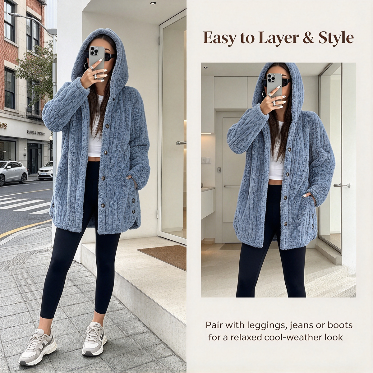 Women’s Lightweight Plush Hooded Jacket, Warm Mid-Length Teddy Bear Cardigan 🧥