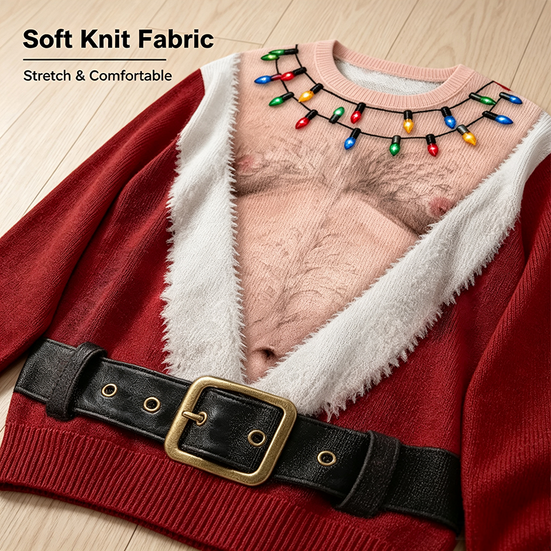 Funny Hairy Chest Santa Lights Ugly Christmas Sweater🎅 - image 3