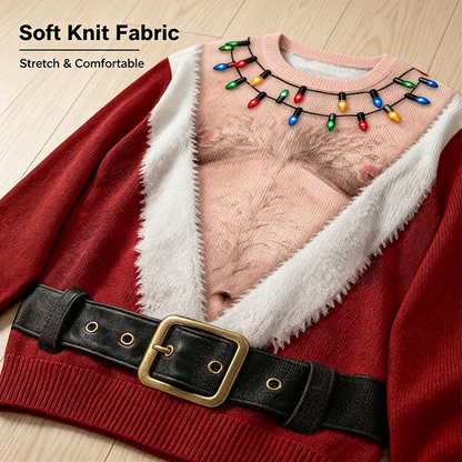 Funny Hairy Chest Santa Lights Ugly Christmas Sweater🎅 - image 3