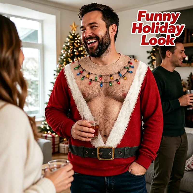 Funny Hairy Chest Santa Lights Ugly Christmas Sweater🎅 - image 5