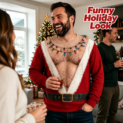 Funny Hairy Chest Santa Lights Ugly Christmas Sweater🎅 - image 5