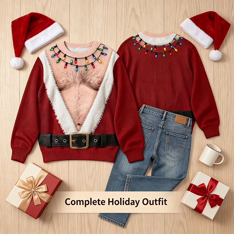Funny Hairy Chest Santa Lights Ugly Christmas Sweater🎅 - image 7