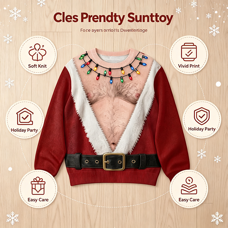 Funny Hairy Chest Santa Lights Ugly Christmas Sweater🎅 - image 9