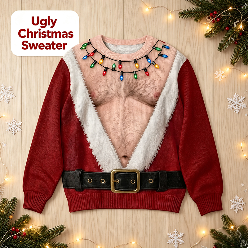 Funny Hairy Chest Santa Lights Ugly Christmas Sweater🎅 - image 1