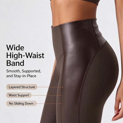 High Waisted Stretchy PU Tummy Control Yoga Leggings with Pocket 🖤✨