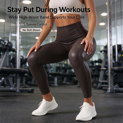 High Waisted Stretchy PU Tummy Control Yoga Leggings with Pocket 🖤✨