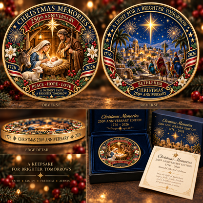 2026 "Christmas Memories" - 250th Anniversary Commemorative Coin, a double-sided holiday collectible.
