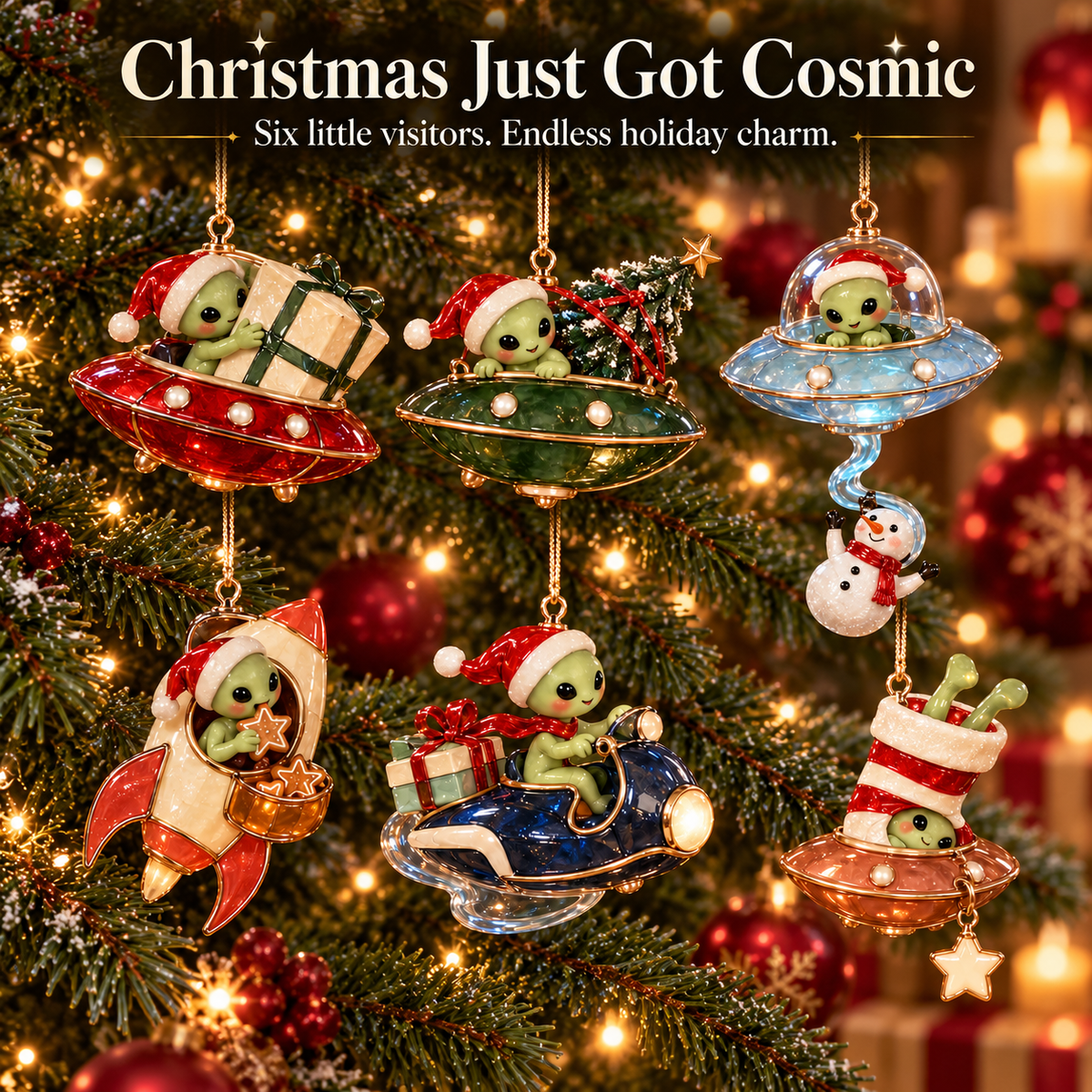 Six whimsical alien Christmas ornaments hanging on a decorated Christmas tree