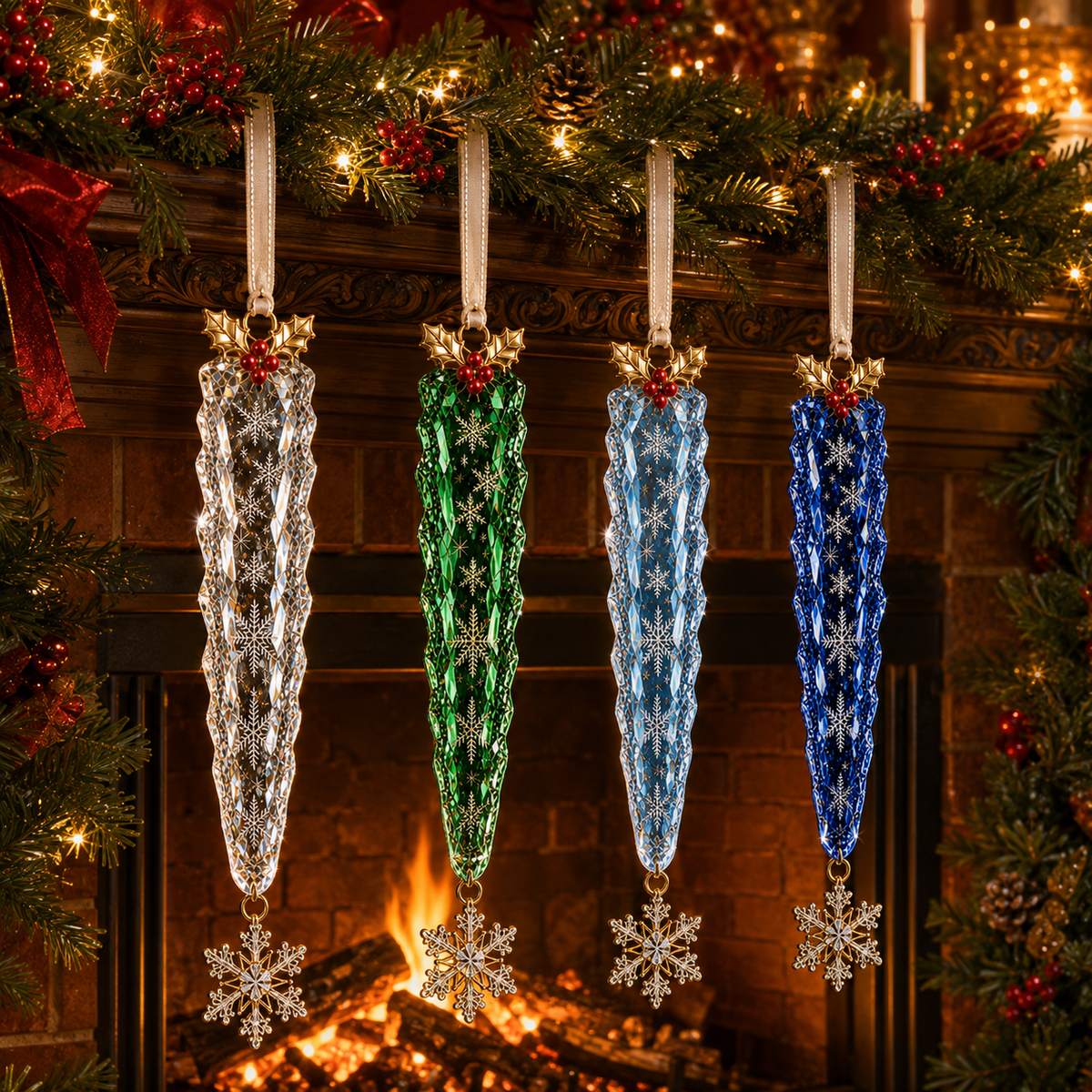 Premium Crystal Icicle Christmas Ornaments – 4-Piece Elegant Holiday Tree Decoration Set