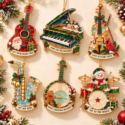 Christmas Melodies – 6-Piece Stained-Glass-Style Musical Instrument Ornament Set | A Christmas Gift for Music Lovers