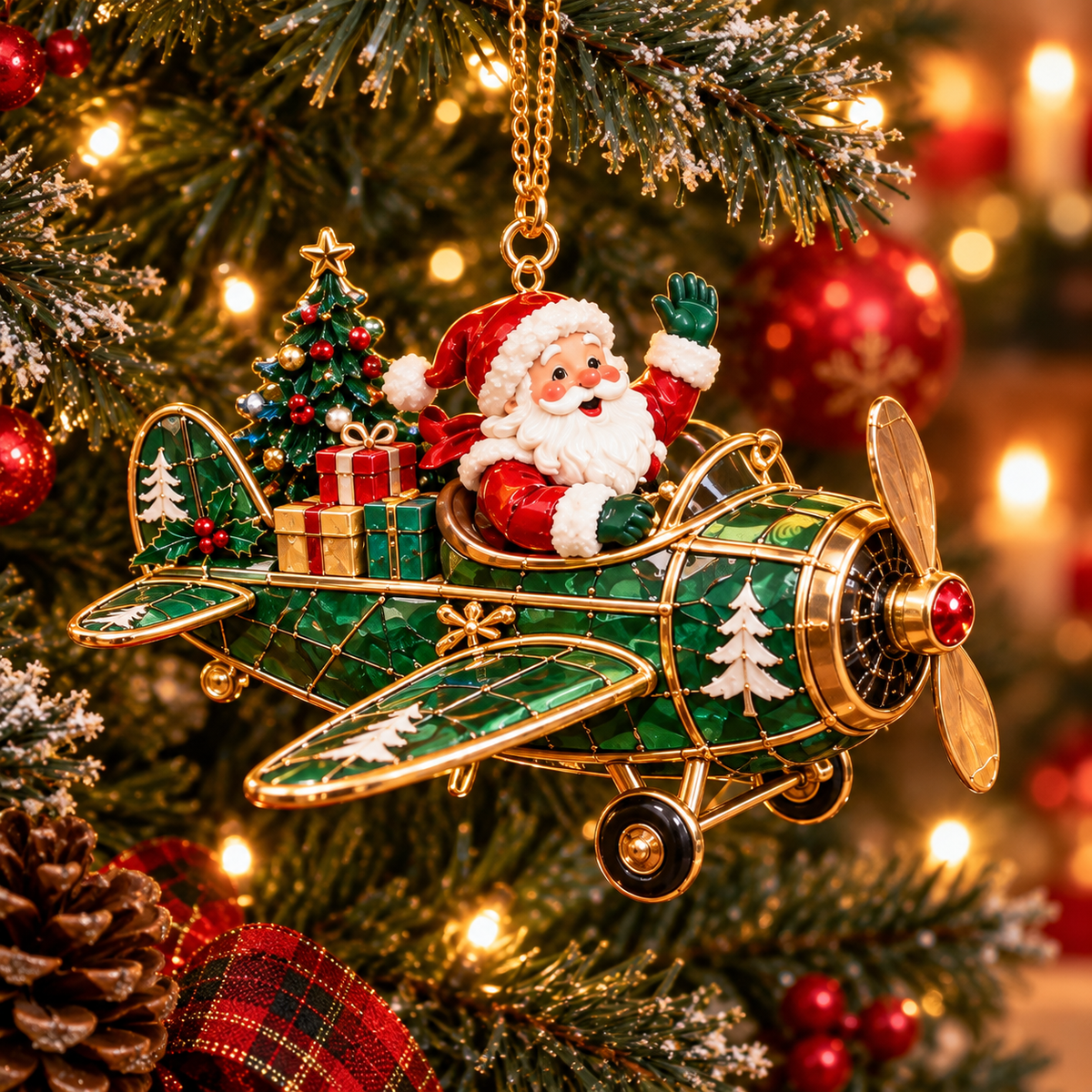 Santa’s Christmas Flight – 6-Piece Vintage Santa Airplane Ornaments Collection | Christmas Tree Decorations & Holiday Gift