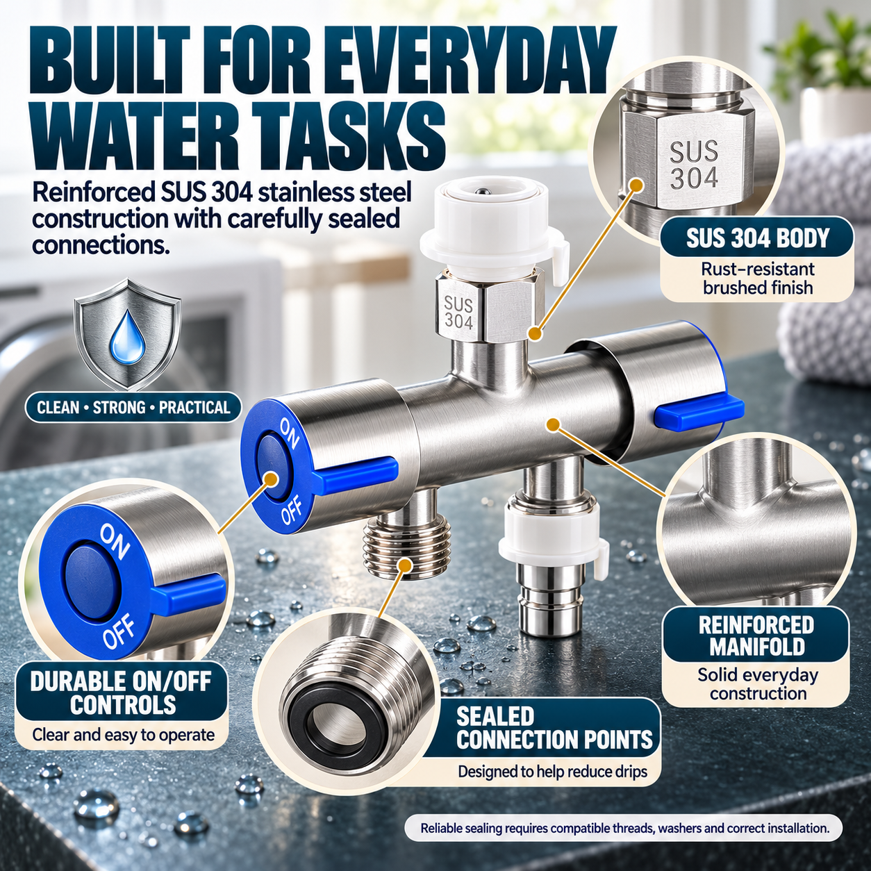 🚿 SUS 304 Dual-Control Faucet Splitter – 2-Way Hose & Washing Machine Adapter - image 4