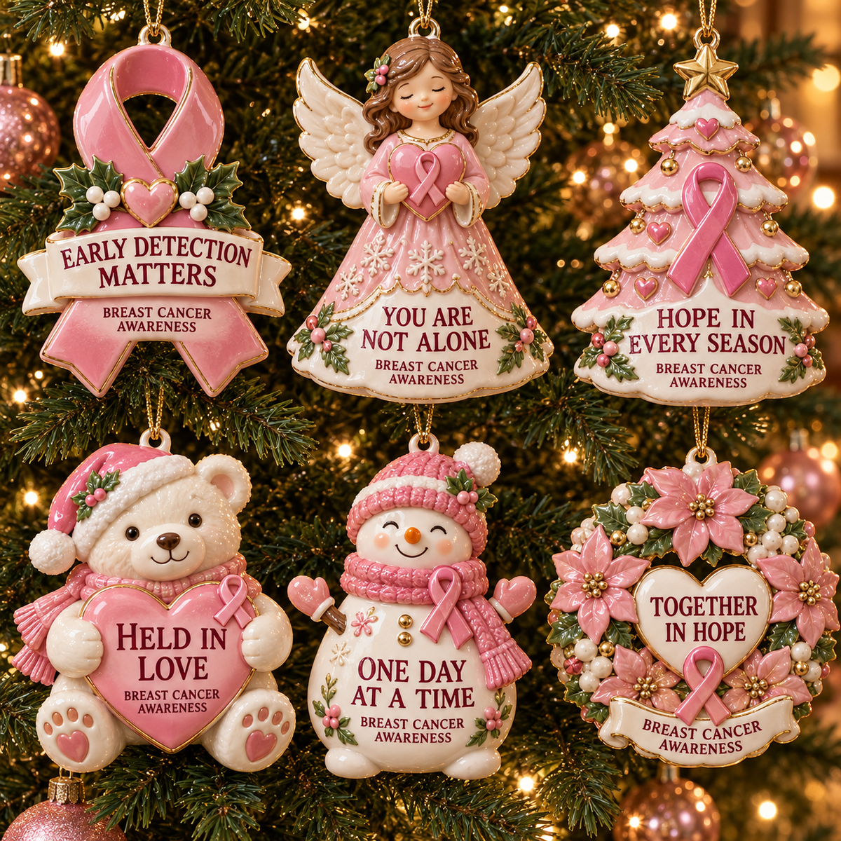 Pink Ribbon Christmas Ornaments – 6-Piece Breast Cancer Awareness Gift Set of Hope, Love & Support