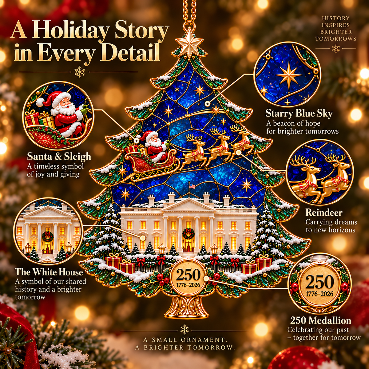 2026 250th Anniversary Stained Glass Christmas Tree Ornament – Santa Sleigh & White House Commemorative Holiday Keepsake, 1776–2026