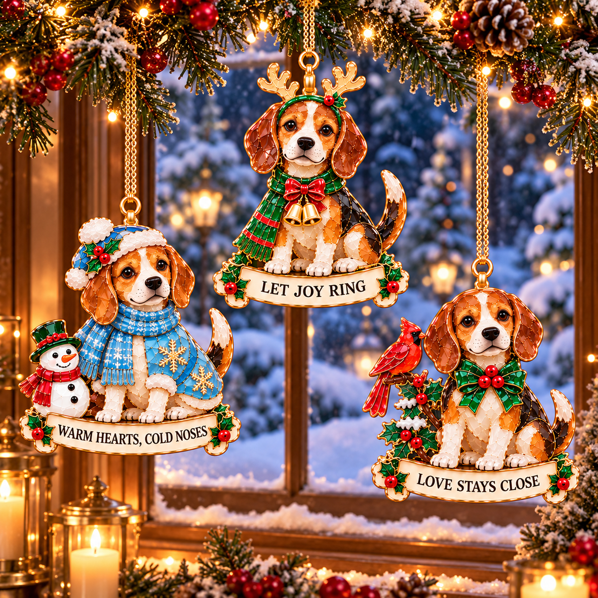 2026 Beagle Christmas Ornament Gift Set – 6 Festive Designs with Stained Glass Style & Heartwarming Wishes