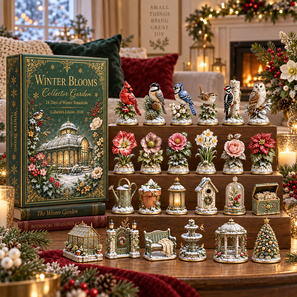 2026 Winter Blooms Collector Garden 24-Day Countdown Calendar – 24 Unique Winter Birds, Flowers & Garden Miniatures, Elegant Botanical Christmas Gift