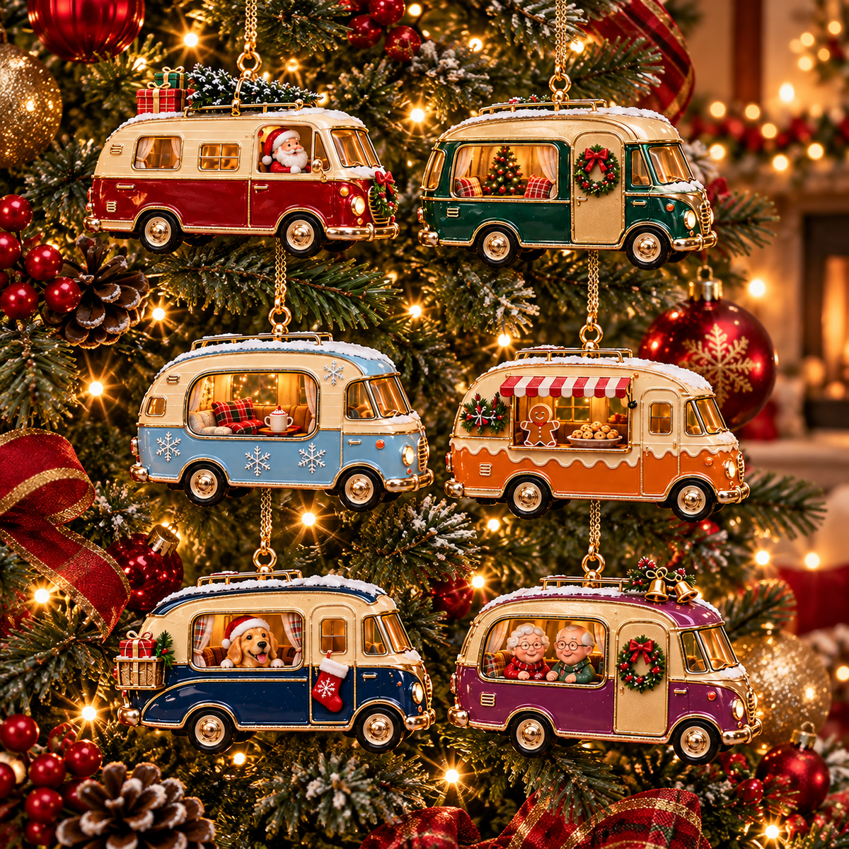 Vintage Christmas Camper Ornaments – 6-Piece Retro Holiday RV Collection | Cozy Christmas Tree Decorations & Heartwarming Keepsake Gifts