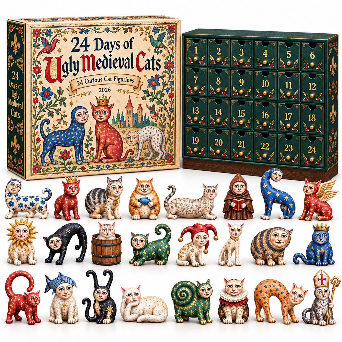 2026 Ugly Medieval Cats Advent Calendar – 24 Unique Collectible Cat Figurines for a Quirky Christmas Countdown
