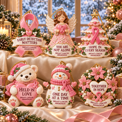 Pink Ribbon Christmas Ornaments – 6-Piece Breast Cancer Awareness Gift Set of Hope, Love & Support