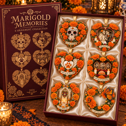 Día de Muertos Marigold Heart Ornaments –  “Forever in Our Hearts” Memorial Keepsake Collection