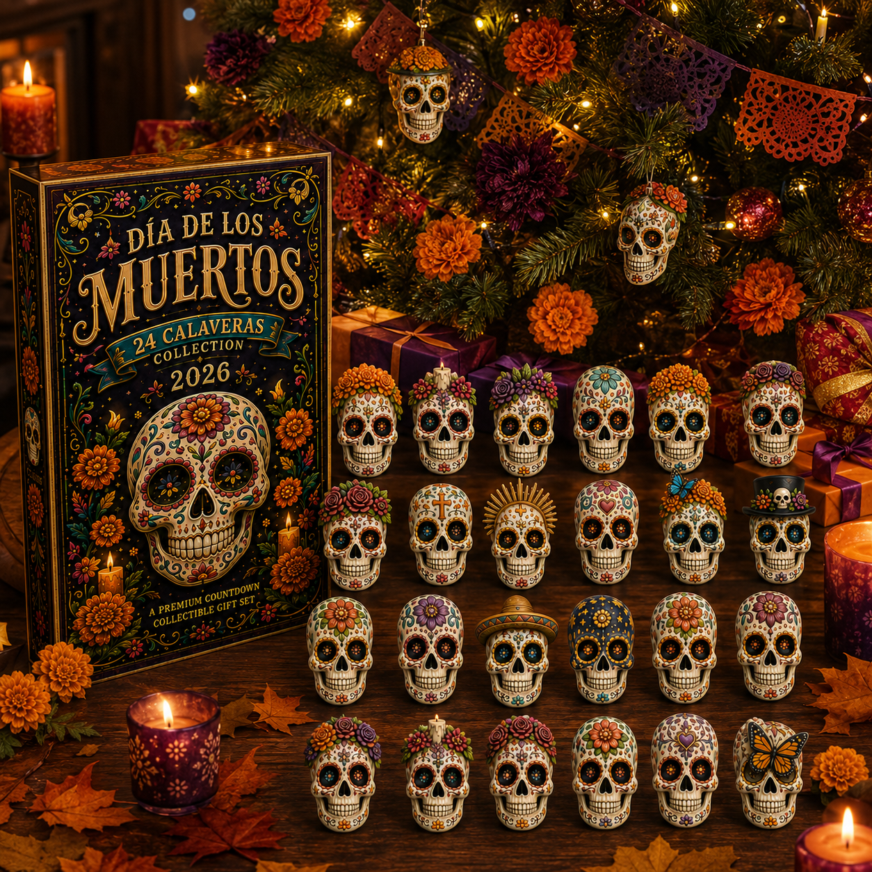 Dia de los Muertos 24-Day Advent Calendar – 24 Collectible Sugar Skull Figurines, Premium Day of the Dead Countdown Gift Set for Collectors & Holiday Lovers