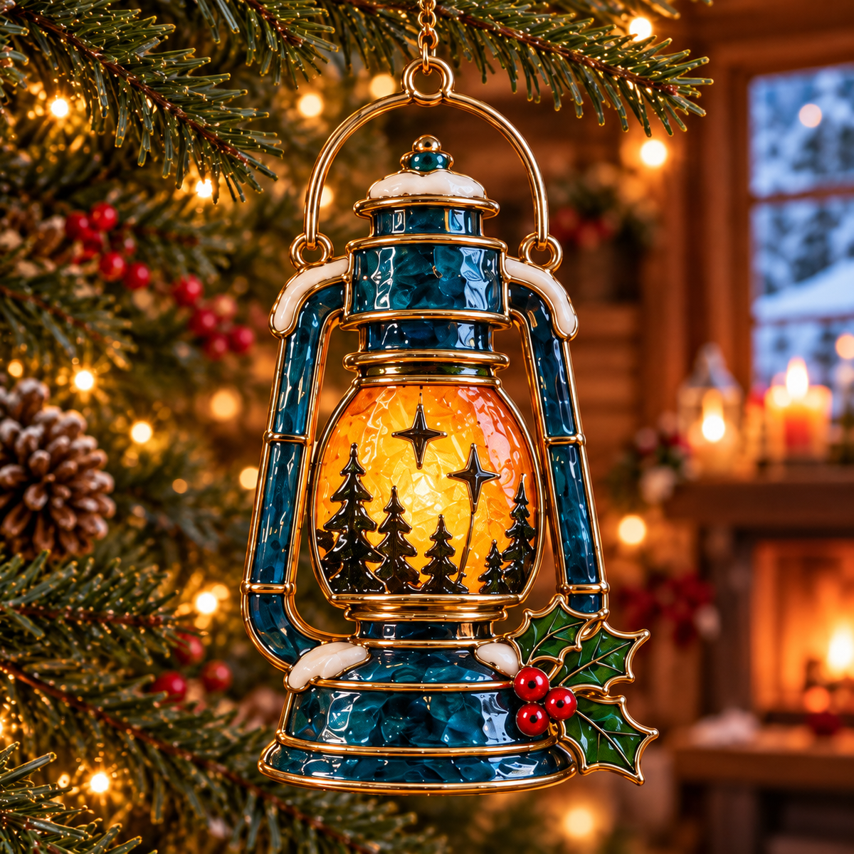 Cozy Christmas Camping — Vintage Stained Glass Style Ornaments, Set of 6